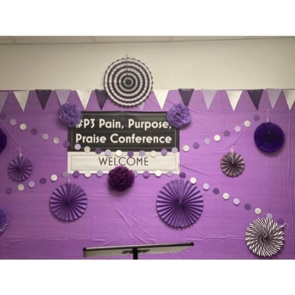 Party Decoration, 21 Pcs Purple and Lavender Hanging Paper Fans, Pom Pom - Picture 1 of 4